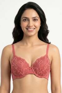 Zivame Bare Whispers Padded Wired Medium Coverage Plunge Neck Lace Bra - Dusty Cedar — thumbnail 4